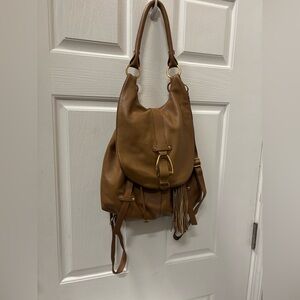 G.I.L.I. Genuine Leather Convertible Backpack Shoulder Bag Camel Tan 15x14x5"